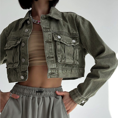 Workwear Feng Shui Washed Old Denim Short Coat Women's Versatile Polo Collar Button Loose Cardigan