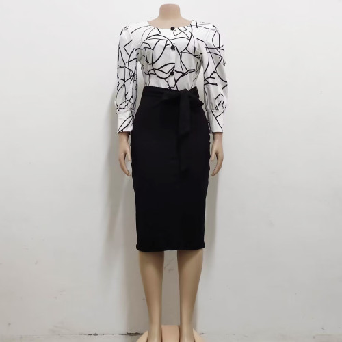 Solid color three quarter sleeved white collar women's dress