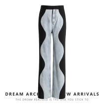 Denim patchwork straight leg wide leg pants