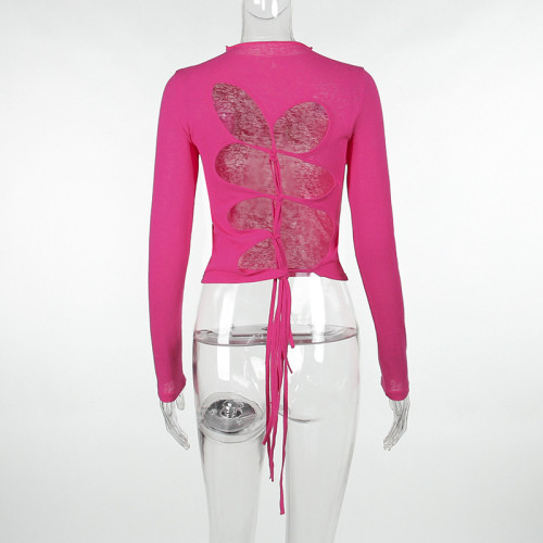 Round neck mesh long sleeved lace cut open back top