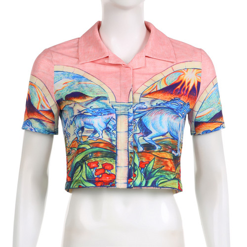 POLO lapel short sleeved navel exposed shirt