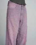 Burn Flower High Waist Straight Barrel Perforated Washed Jeans