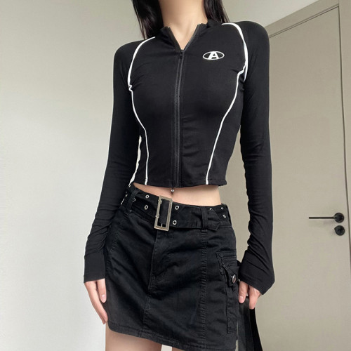 Letter embroidered zipper long sleeved T-shirt