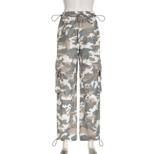 Low rise drawstring loose straight casual pants