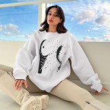 Round neck long sleeved pullover solid color printed sweater