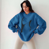 Round neck long sleeved pullover solid color printed sweater