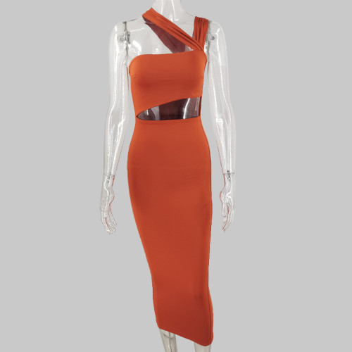 One shoulder bra mid length solid color dress