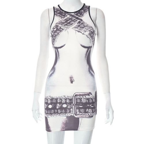 Human body printed sleeveless slim fitting round neck short dress