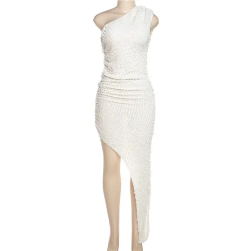 One Shoulder Sleeves Irregular Hem Slim Fit Wrap Hip Dress