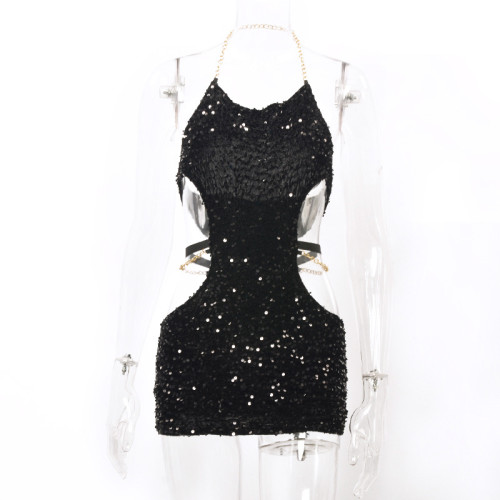 Chain tied waist sexy spicy girl nightclub hang neck wrap buttocks dress
