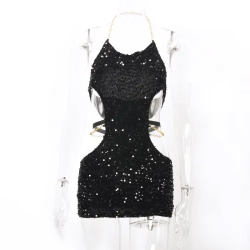 Chain tied waist sexy spicy girl nightclub hang neck wrap buttocks dress