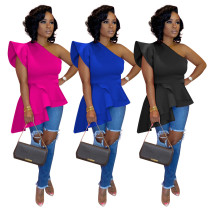 Single shoulder ruffled mesh red irregular top and T-shirt