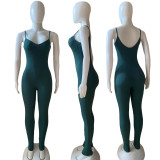 Solid V-neck elastic small pit stripe sexy jumpsuit pants with straps