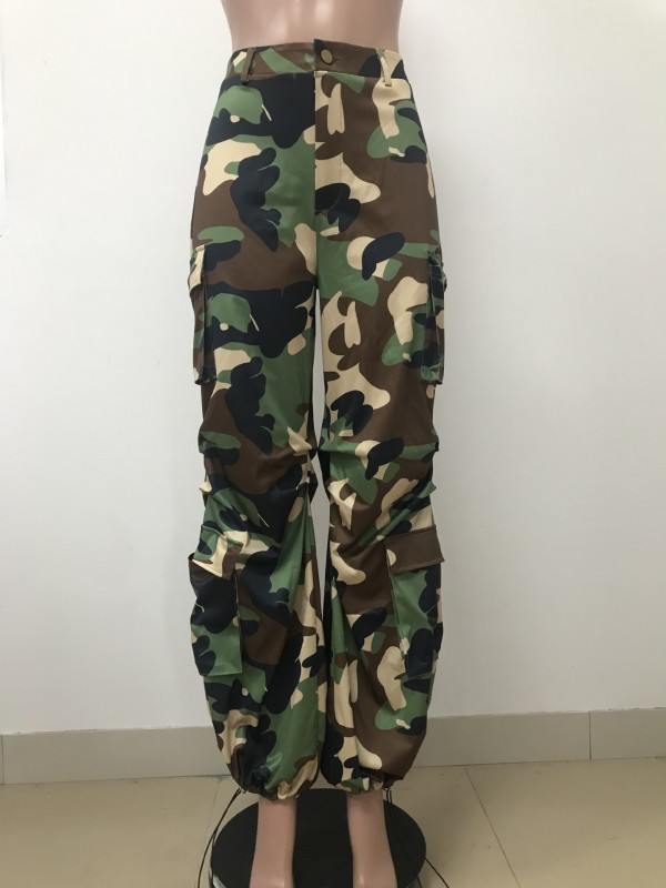Women's cotton button zipper camouflage straight pants