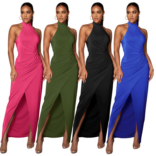 Solid color hanging neck long skirt pleated dress