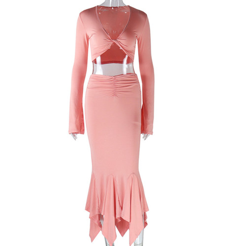 Long sleeved top, medium length irregular fishtail skirt, two piece set
