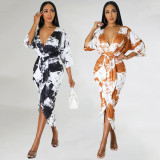 Women's sexy V-neck digital printed irregular dress