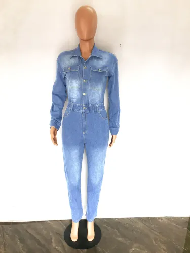 Slim fit elastic small foot wash denim jumpsuit jumpsuit