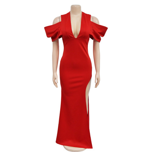 Women's solid V-neck pleated high fork long dress