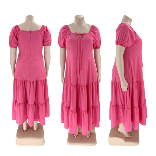 Solid color U-neck short sleeved loose fitting dress