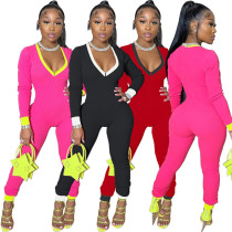 Deep V zipper long sleeved color matching oversized jumpsuit