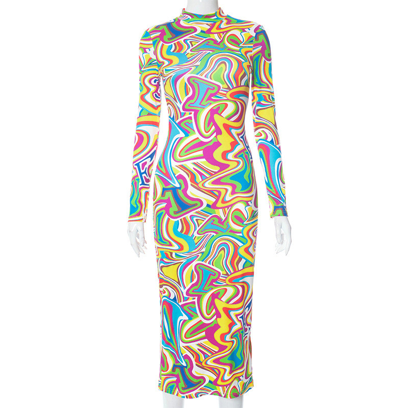 Colorful printed tight fitting long sleeved round neck dress long skirt