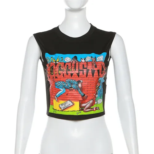 Cartoon printed short slim sleeveless top