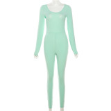 Long sleeved solid color slim fitting high waisted sports jumpsuit