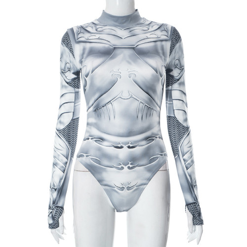 Printed half high neck tight long sleeved jumpsuit