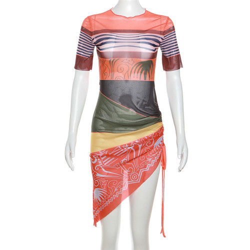 Striped printed short sleeved slimming sexy irregular dress