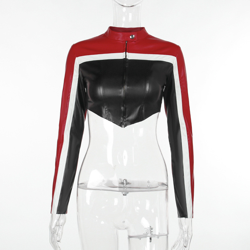 Long sleeved leather jacket with exposed navel