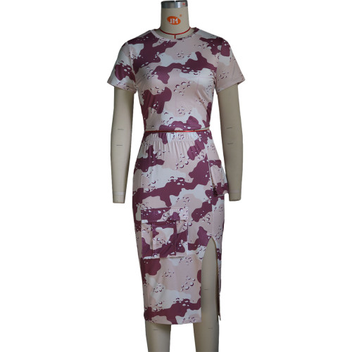 Round neck T-shirt, work dress, split skirt, printed camouflage set