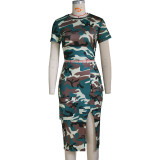 Round neck T-shirt, work dress, split skirt, printed camouflage set
