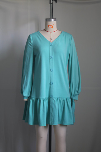 V-neck long sleeved pleated hem dress