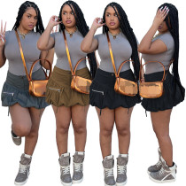 Solid color zipper ultra short puffy skirt