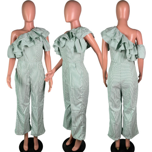 Classic striped diagonal shoulder women's casual jumpsuit