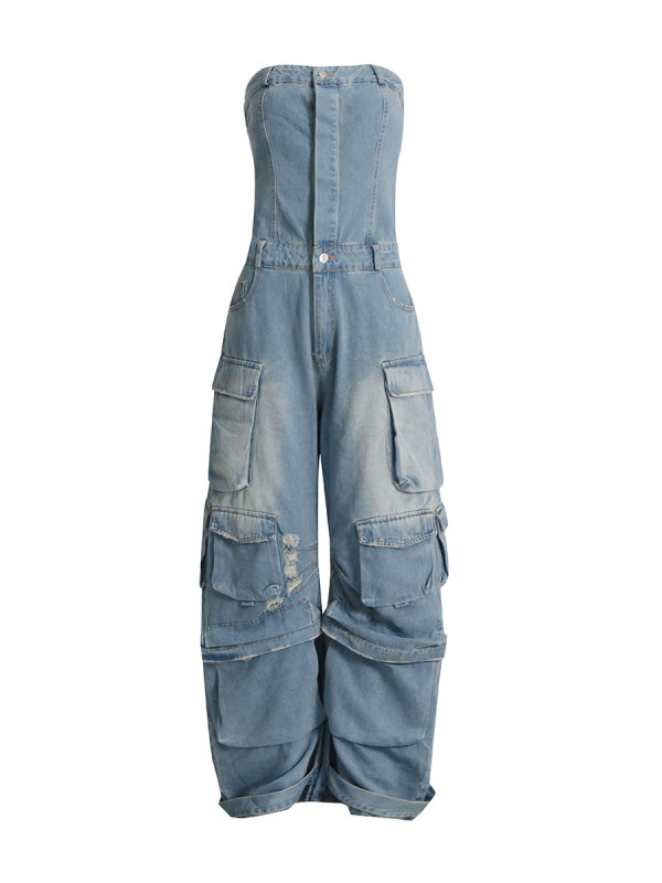 Bra tight waist multi pocket denim work suit jumpsuit