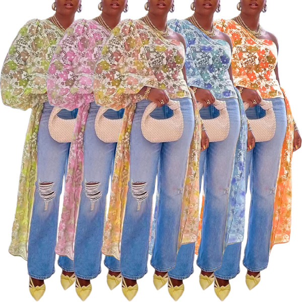 Sexy digital printed single sided sleeve flare sleeve top