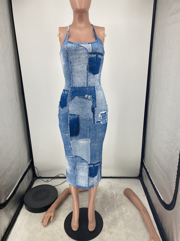 Imitation denim printed dress
