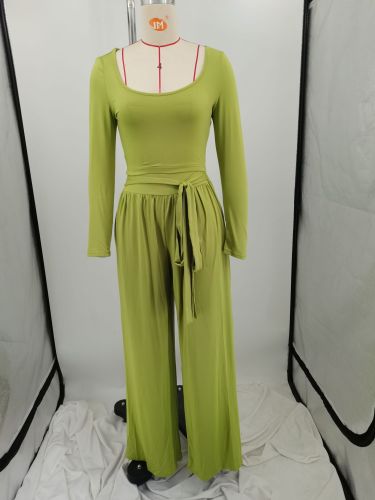 Women's solid color knitted lace up wide leg women's two-piece set