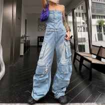 Bra tight waist multi pocket denim work suit jumpsuit