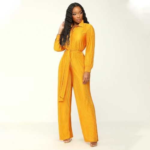 100 pleated lapel long sleeved wide leg jumpsuit
