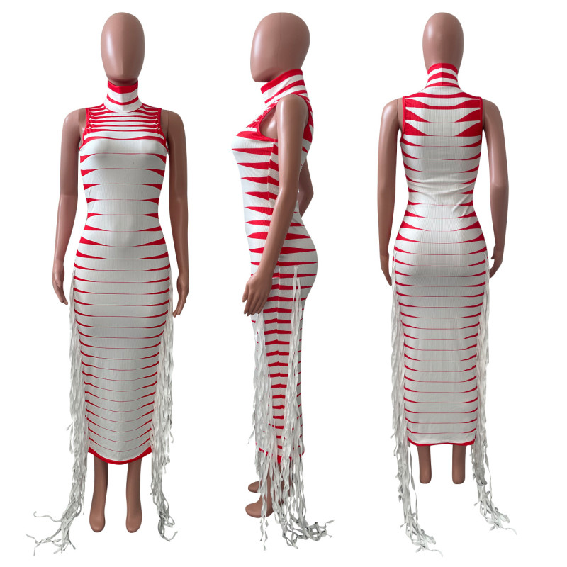 Half High Collar Rib Printed Ribbon Sleeveless Dress