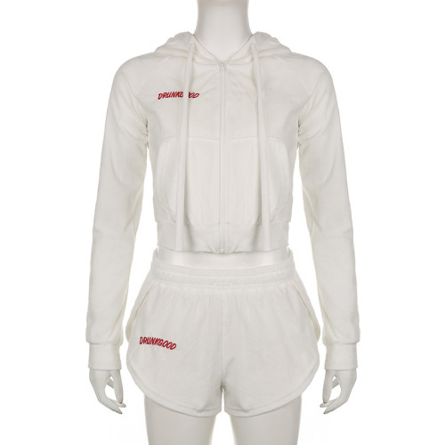 Women's embroidered sweater, hooded zippered cardigan top, elastic high waisted shorts, casual set