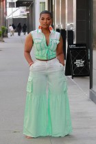 Location printed multi pocket flare pants set