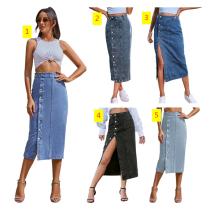Irregular split button denim high waisted half length skirt