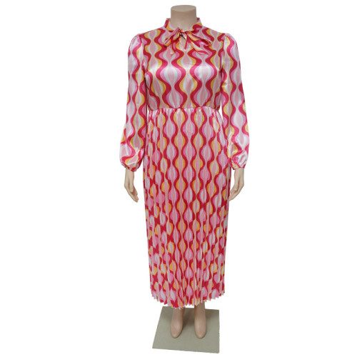Lace up long sleeved printed pleated oversized dress