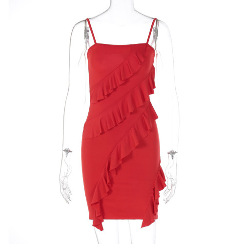 Sexy ruffle edge patchwork bra backless dress