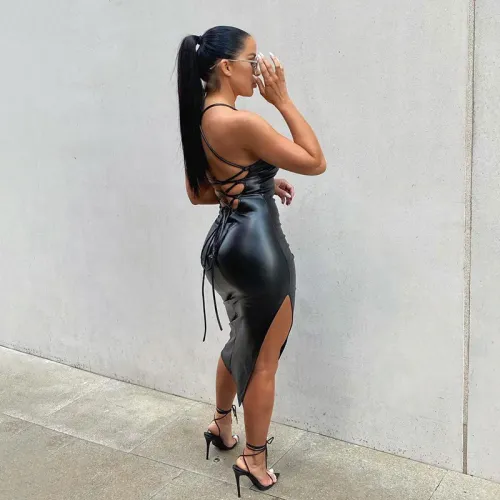 Open Back Strap Solid Color Personalized Split Strap Dress