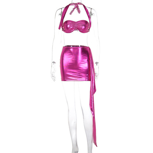 Sexy Sleeveless Open Umbilical Wrapped Chest and Hip Wrapped Short Skirt Set